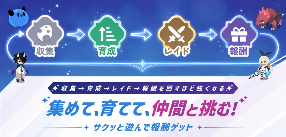 収集→育成→レイド→報酬を回すほど強くなる／集めて、育てて、仲間と挑む！／サクッと遊んで報酬ゲット